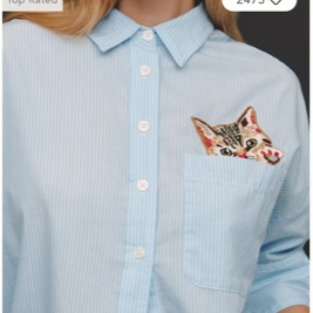 Maeve Light Blue Pinstripe Button-Down Shirt with Cat Pocket Patch